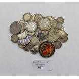 A bag of pre 1920 and pre 1947 silver, also includes enamelled coins