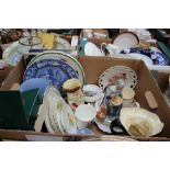 A box of assorted ceramics, including Royal Albert, Royal Doulton, Toby jugs, Wedgwood Jasperware,