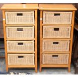 A pair of Sycamore and winter bedroom chests, each with four wicker drawers