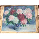 A large 1950s impressionist style still life of peonies, 59 by 49 cm approx, signed R.L. Tovey 1958