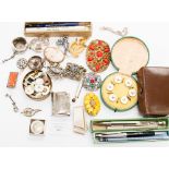 A small collection of costume jewellery with silver and white metal and boxed pens, pencils, etc,