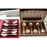 A Walker and Hall plated fruit set; together with boxed bright cut teaspoons, velvet lined leather