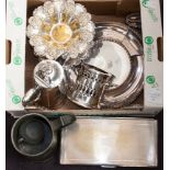 A collection of plated ware, including shell moulded bon bon dishes, cigar box, lighters, pipe