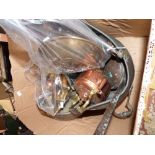 A good box of assorted copper ware, including Berenger scales, coal scuttle, kettle, pans, etc and