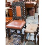 A mid Victorian Carolean style oak side chair, together with a rush seated stool, (2)