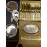 Silver plate dressing table, brush, mirror and comb. Boxed fish eaters etc, carriage clocks and