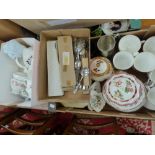 Three boxes containing two China tea sets, flatware,