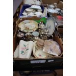 A box of assorted ceramics, comprising Crown Devon Fieldings, Commemorative dish, Myott blue and