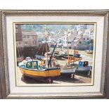 HOLMYARD, JAMES (AUSTRALIAN) (1929), fishing vessels in a dry harbour, oils on board, signed,