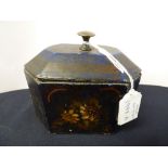 A Victorian cast iron and lead tobacco jar and cover, painted with a blue ground and flowers,