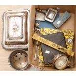 Silver plated. A box of serving dishes, wine coolers, butter dish, cutlery etc