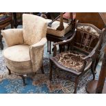 A collection of furniture, comprising stool, nest of tables, an Edwardian ladies open armchair,