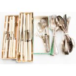 Four boxes of Sheffield cutlery together with a filled silver handles fruit spoon and a M.O.