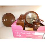 A copper warming pan, brass floor standing lamp, carriage clock, mantle clock, box, treen vases,