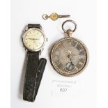 A silver open faced pocket watch and key, with a gentlemen's Forbes Ranger wristwatch