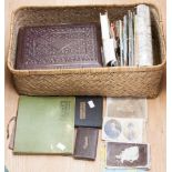 Wicker basket and lid with postcard albums, Derbyshire booklets and good quality and chocolate box.