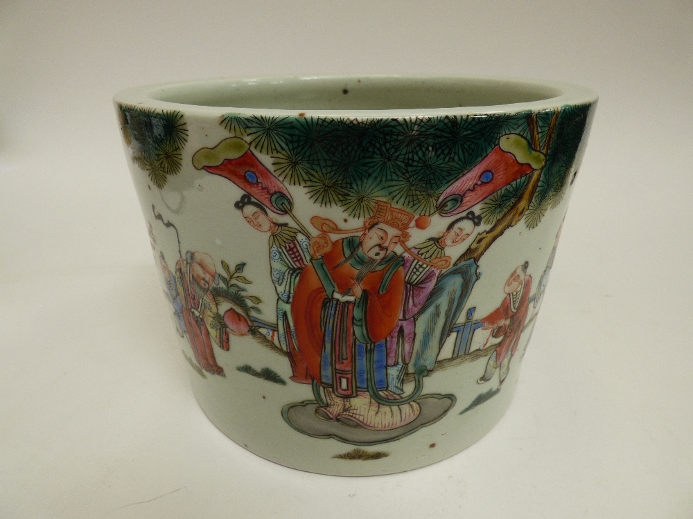 A Chinese famille verte cylinder vase, decorated with script and various scenes, approximately 25cm