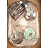 A gallery tray with three wine bottle coasters, A hallmarked collar and lid small whiskey decanter.