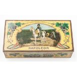 A transfer printed biscuit tin decorated with Napoleonic scenes