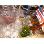 A large collection of glassware to include, cut glass decanters, bowls, glasses, etched glass,