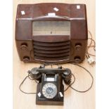 A GEC bakelite BC4940 valve radio and a bakelite telephone 312F C54/3A