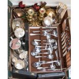 A box of flatware, EPNS and brass items, etc