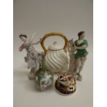 A Coalport teapot with gilt scale handle; a Cantonese vase; Royal Crown Derby Frog paperweight and