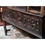 A Carolean style oak dresser base, 20th century, traditionally made using pegged mortise and tenon