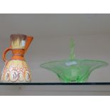 A green Art Deco glass flower arranger with lady statuette and a Wadeheath A/D jug (4) cut glass
