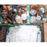 Various vintage alarm clocks, binoculars, tins, treen, shell work and a box of linen, etc (three