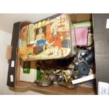 A box of assorted metalwares, including brassware, silver plated spoons, etc