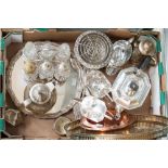 Six bottle cut glass cruet set in plated stand, plated tea set, brass and copper dishes, etc (one