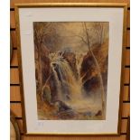 Gresley J.S (1829-1908) landscape with falls, watercolour, signed, framed, 55 cm, by 38 cm approx