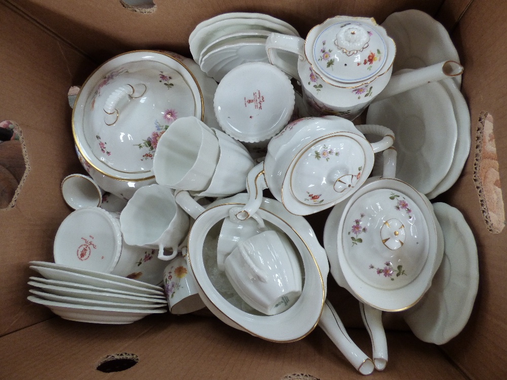 A box of Royal Crown Derby Posies and plain white