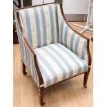 An early 19th century mahogany tub chair, circa 1820, upholstered in Regency stripe,