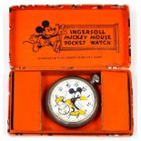 A Mickey Mouse Ingersoll pocket watch in original cardboard box, with yellow costume,