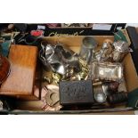 A box of metalware, brassware, including a mid 19th Century Sheffield plate bon bon dish,