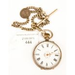 A continental silver cased pocket watch, approx 5cm dial, enamelled with roses and Roman numerals,