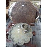Indian carved octagonal table and stand, three mirrors,