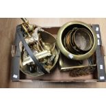 A box of brassware to include a jam pan, horse ornaments,