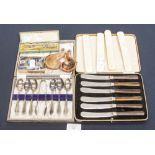 Collection including boxed pipe, spoons, knives, enamel page minder, 3 broaches,