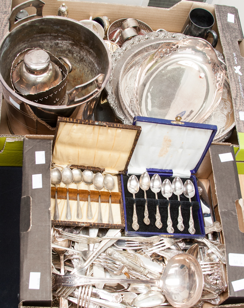 Two boxes of silver plate including loose cutlery, ice bucket,