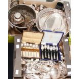 Two boxes of silver plate including loose cutlery, ice bucket,