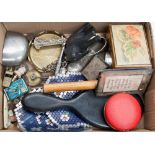 A box of collectables including whistles, ivory cotton reel case, treen and silver plate,