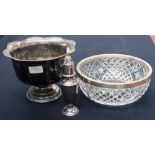 A Walker and Hall silver rimmed cut glass salad bowl;