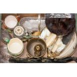 A box of assorted items, including cut glass basket tray, condiment dishes, bowl, plate, stein jug,