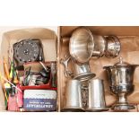 A box of plated tankards;