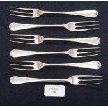 Six Georgian three pronged silver forks,