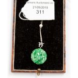 A 9ct white gold, jade and cultured pearl pendant,