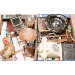 Two boxes of collectables, including cream spin-dial telephone, various boxes, tins, chess set,